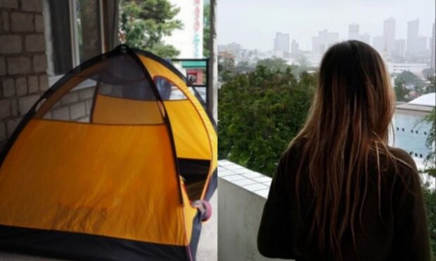 Frau vermietet ein Zelt auf dem Balkon. Quelle: Screenshot