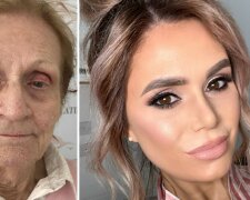 Make-up-Künstlerin verwendet Kosmetik, um ihre 80-jährige Großmutter zu verjüngen