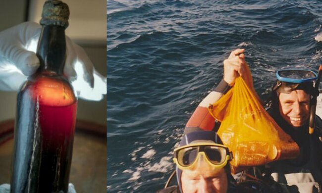Der Taucher fand am Grund des Ozeans eine Flasche, die 150 Jahre lang unter dem Wasser gelegen hat
