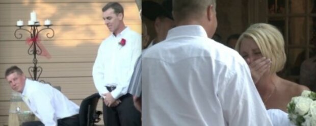Der Bräutigam, der an den Pflegerollstuhl gekettet war, konnte bei seiner Hochzeit aufstehen und zur Braut gehen