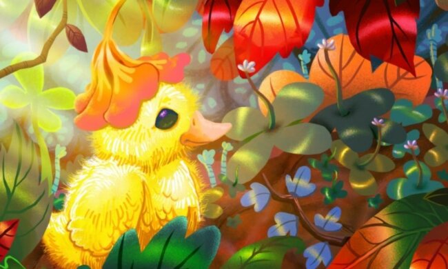 Niedliche Vögelchen: der Farmer macht Blumenhüte für seine Entchen