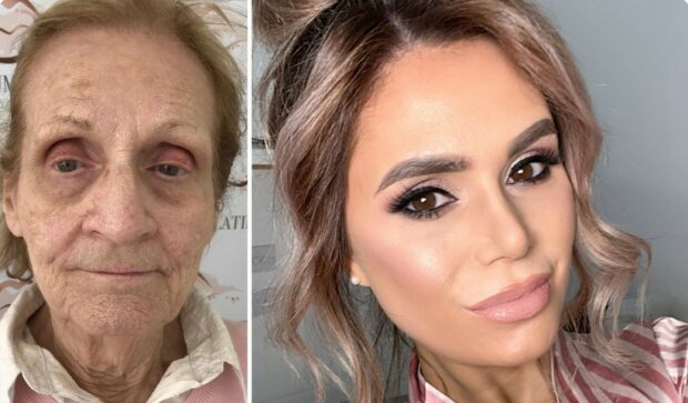 Make-up-Künstlerin verwendet Kosmetik, um ihre 80-jährige Großmutter zu verjüngen