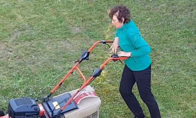 Eine Frau mit ihrem Kleinkind mähte den Rasen: ein vorbeilaufender Polizist beschloss, ihr zu helfen
